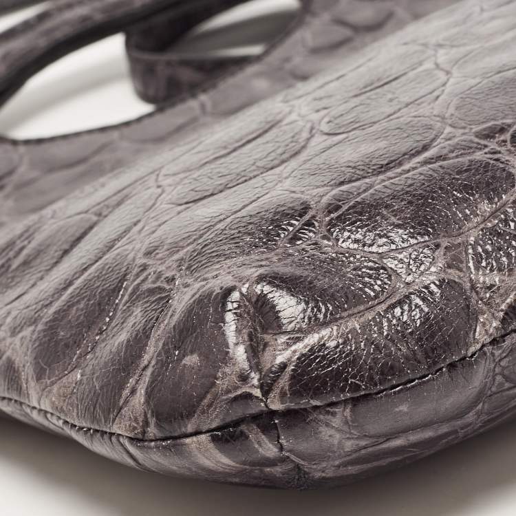 Pre Owned Emporio Armani Grey Croc Embossed Leather Foldover Shoulder Bag