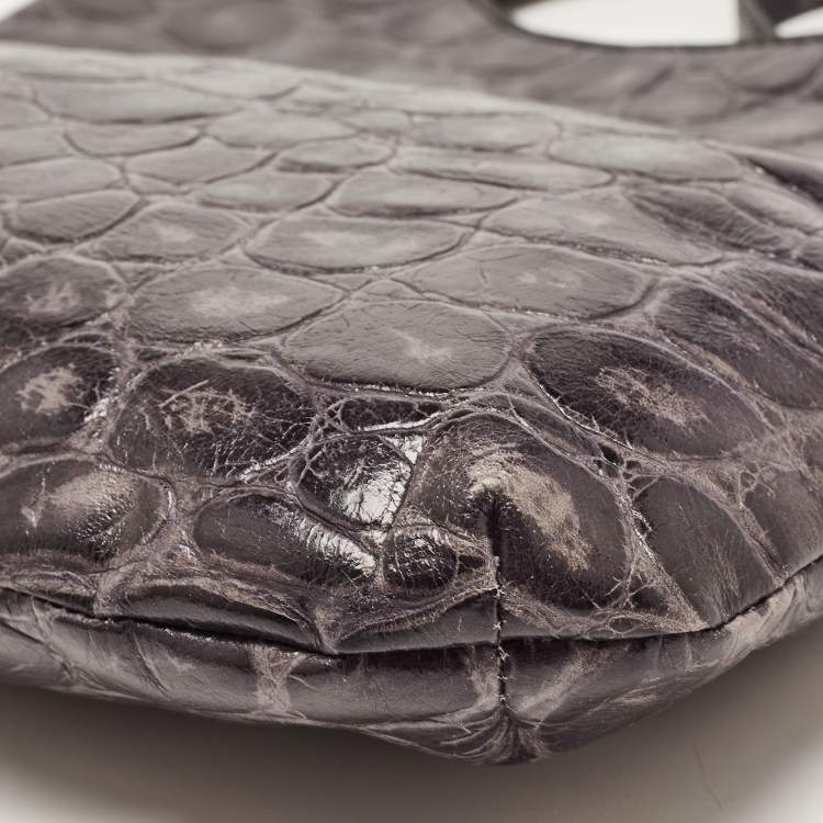 Pre Owned Emporio Armani Grey Croc Embossed Leather Foldover Shoulder Bag