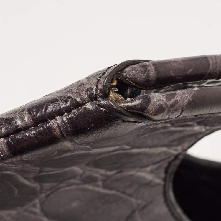 Pre Owned Emporio Armani Grey Croc Embossed Leather Foldover Shoulder Bag