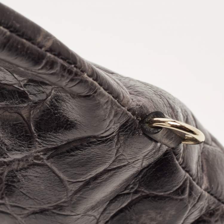 Pre Owned Emporio Armani Grey Croc Embossed Leather Foldover Shoulder Bag