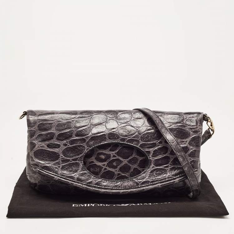 Pre Owned Emporio Armani Grey Croc Embossed Leather Foldover Shoulder Bag