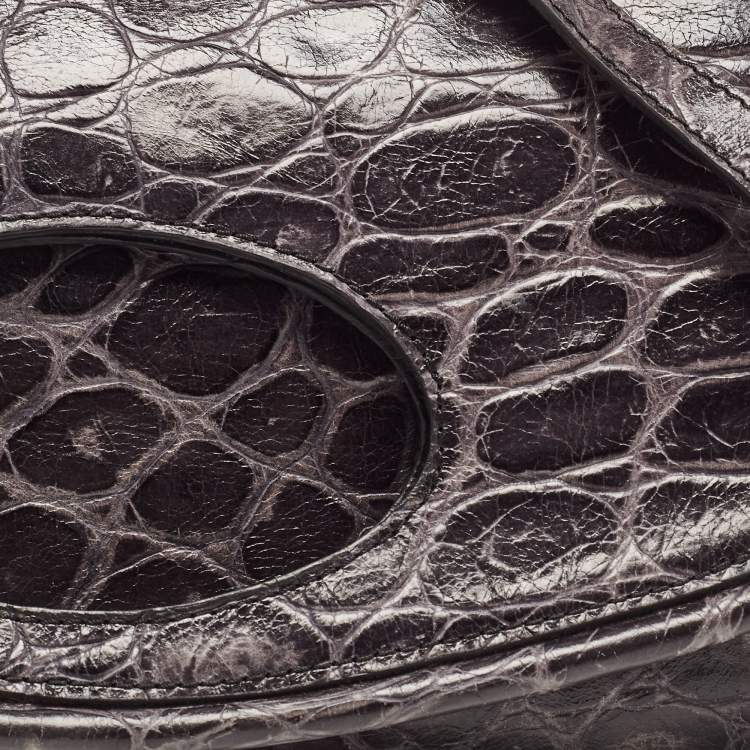 Pre Owned Emporio Armani Grey Croc Embossed Leather Foldover Shoulder Bag