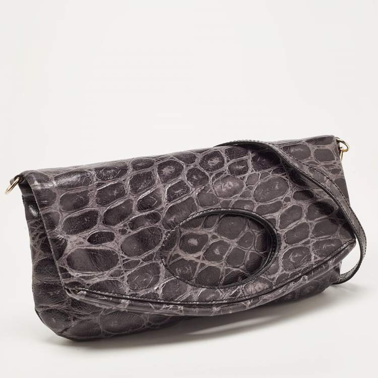 Pre Owned Emporio Armani Grey Croc Embossed Leather Foldover Shoulder Bag