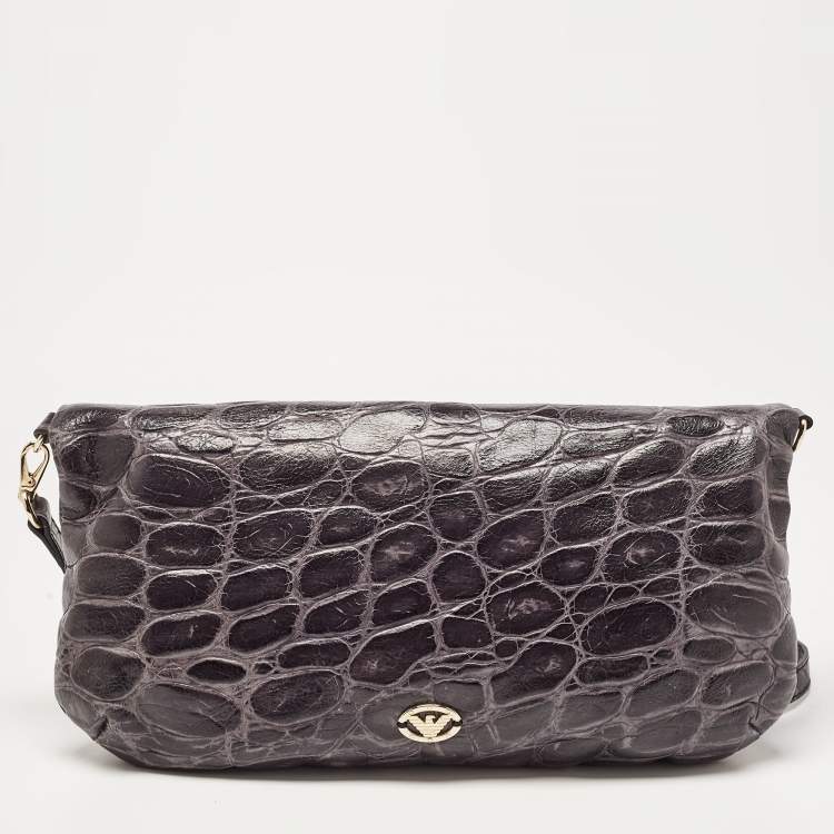 Pre Owned Emporio Armani Grey Croc Embossed Leather Foldover Shoulder Bag