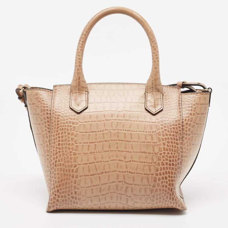 Pre Owned Emporio Armani Beige Croc Embossed Leather Flap Top Handle Bag
