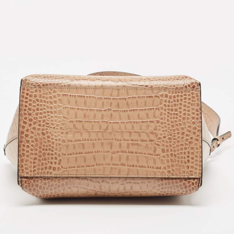 Pre Owned Emporio Armani Beige Croc Embossed Leather Flap Top Handle Bag