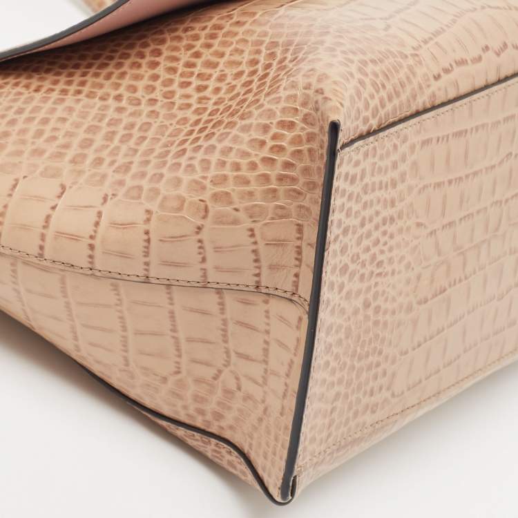 Pre Owned Emporio Armani Beige Croc Embossed Leather Flap Top Handle Bag