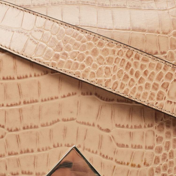 Pre Owned Emporio Armani Beige Croc Embossed Leather Flap Top Handle Bag