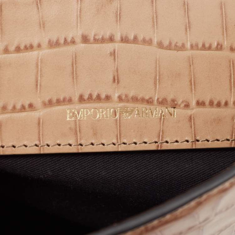 Pre Owned Emporio Armani Beige Croc Embossed Leather Flap Top Handle Bag