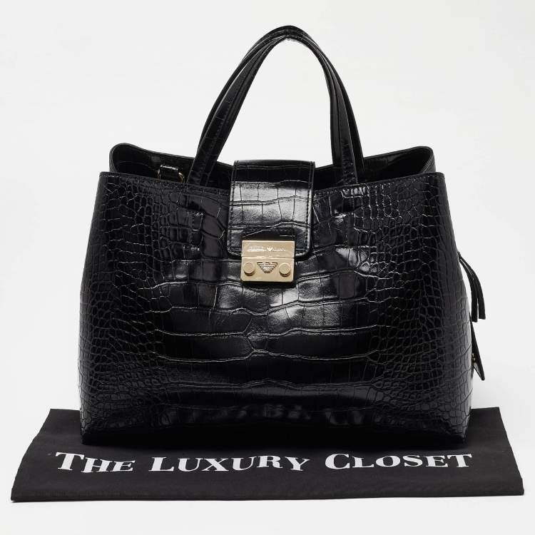 Pre Owned Emporio Armani Black Croc Embossed Leather Tote