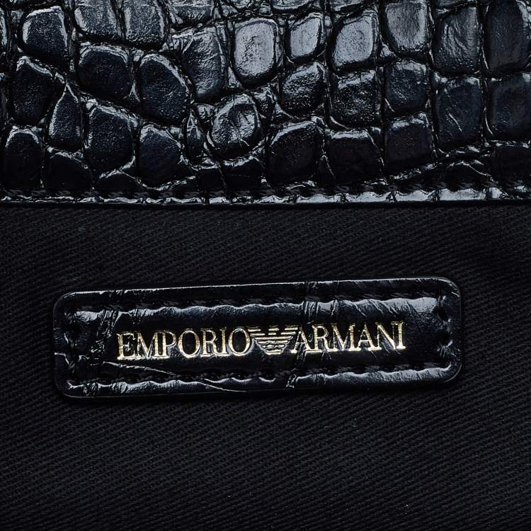 Pre Owned Emporio Armani Black Croc Embossed Leather Tote
