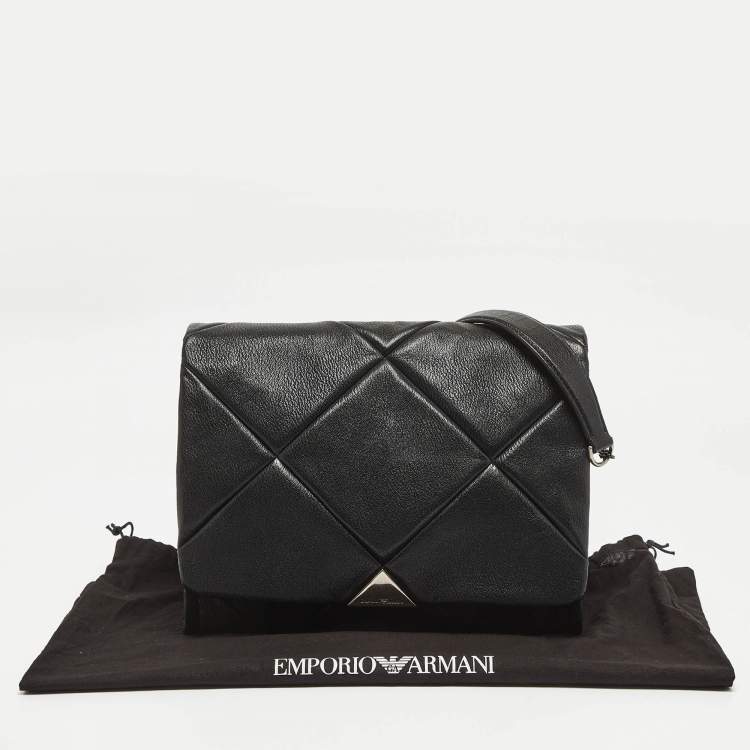 Pre Owned Emporio Armani Black Quilted Faux Leather Noelle Flap Shoulder Bag