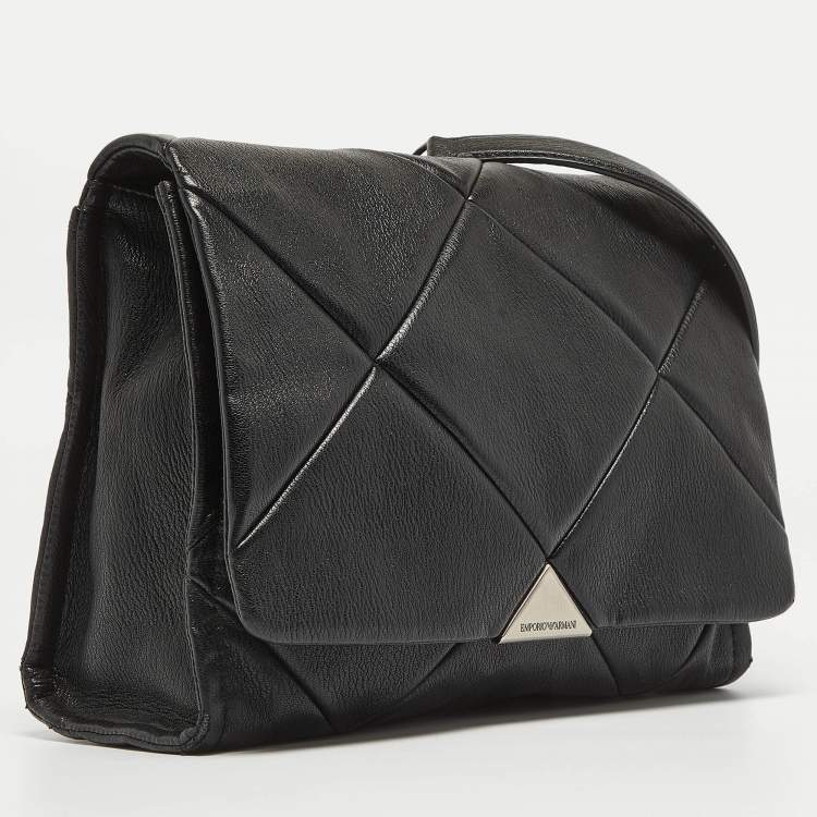 Pre Owned Emporio Armani Black Quilted Faux Leather Noelle Flap Shoulder Bag