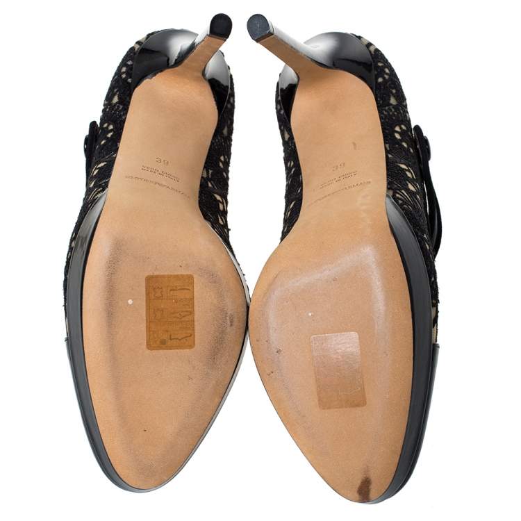Pre Owned Emporio Armani Black Patent Leather And Lace Mary Jane Platform Pumps Size 39
