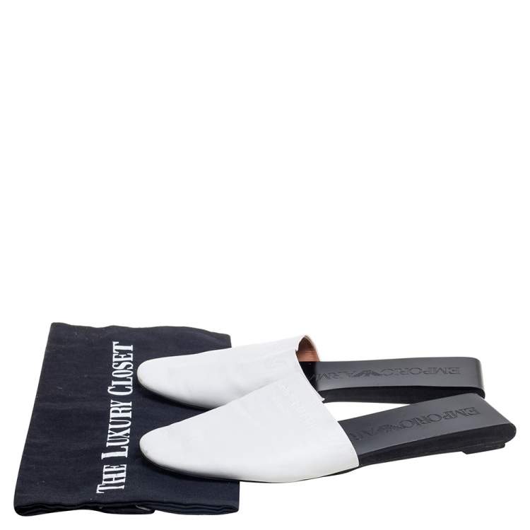 Pre Owned Emporio Armani White Leather Embossed Logo Flat Mule Sandals Size 38