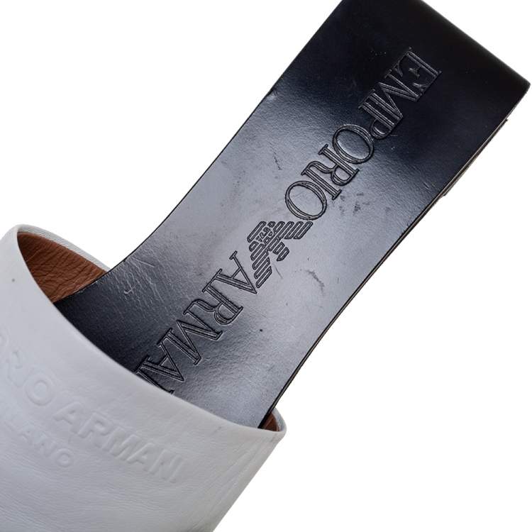 Pre Owned Emporio Armani White Leather Embossed Logo Flat Mule Sandals Size 38