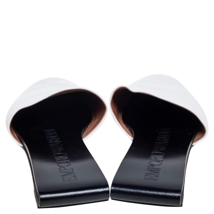 Pre Owned Emporio Armani White Leather Embossed Logo Flat Mule Sandals Size 38