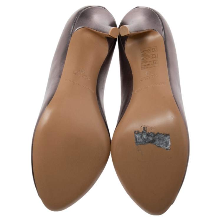 Pre Owned Emporio Armani Metallic Grey Leather Peep-Toe Pumps Size 38 