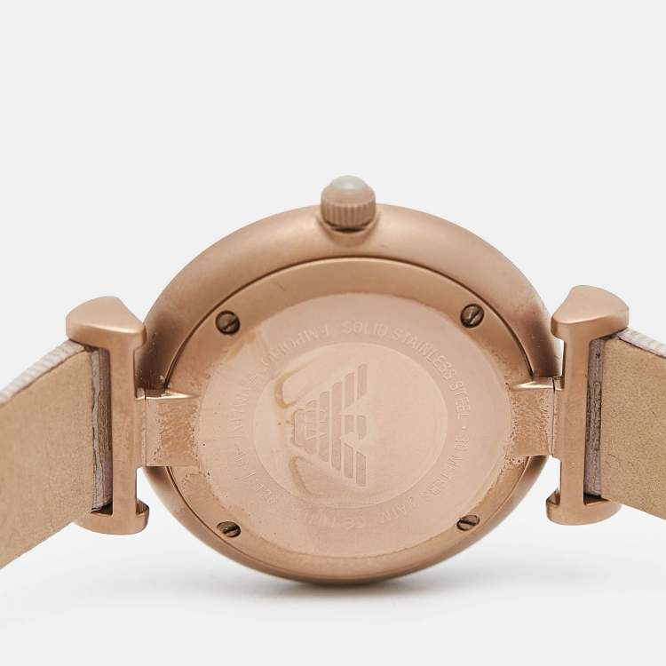 Pre Owned Emporio Armani Silver Rose Gold Plated Stainless Steel Leather AR-11126 Women's Wristwatch 32 mm