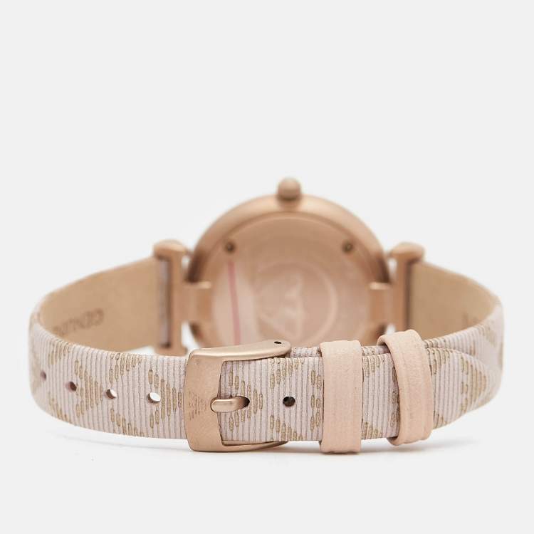 Pre Owned Emporio Armani Silver Rose Gold Plated Stainless Steel Leather AR-11126 Women's Wristwatch 32 mm