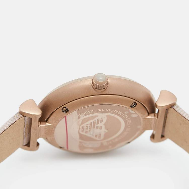 Pre Owned Emporio Armani Silver Rose Gold Plated Stainless Steel Leather AR-11126 Women's Wristwatch 32 mm