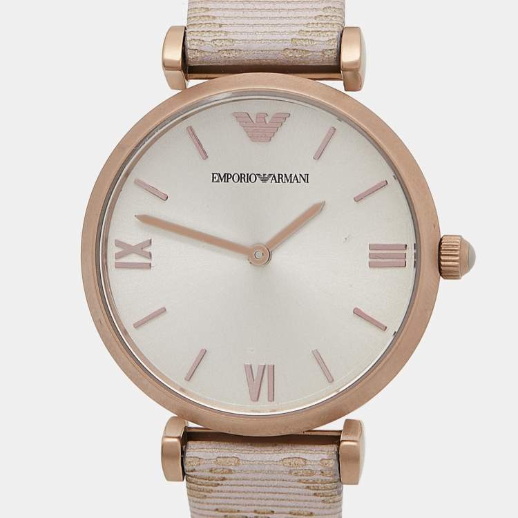 Pre Owned Emporio Armani Silver Rose Gold Plated Stainless Steel Leather AR-11126 Women's Wristwatch 32 mm