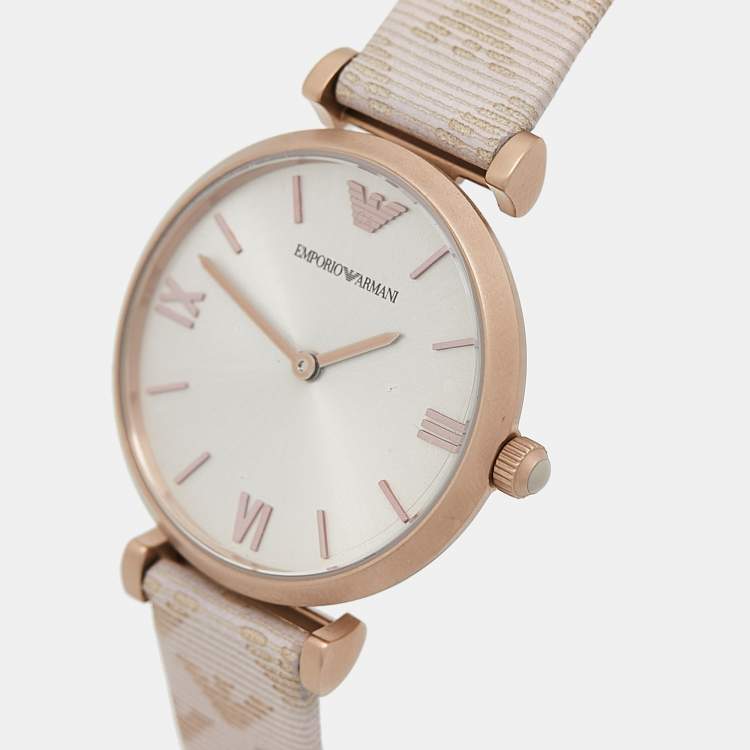 Pre Owned Emporio Armani Silver Rose Gold Plated Stainless Steel Leather AR-11126 Women's Wristwatch 32 mm