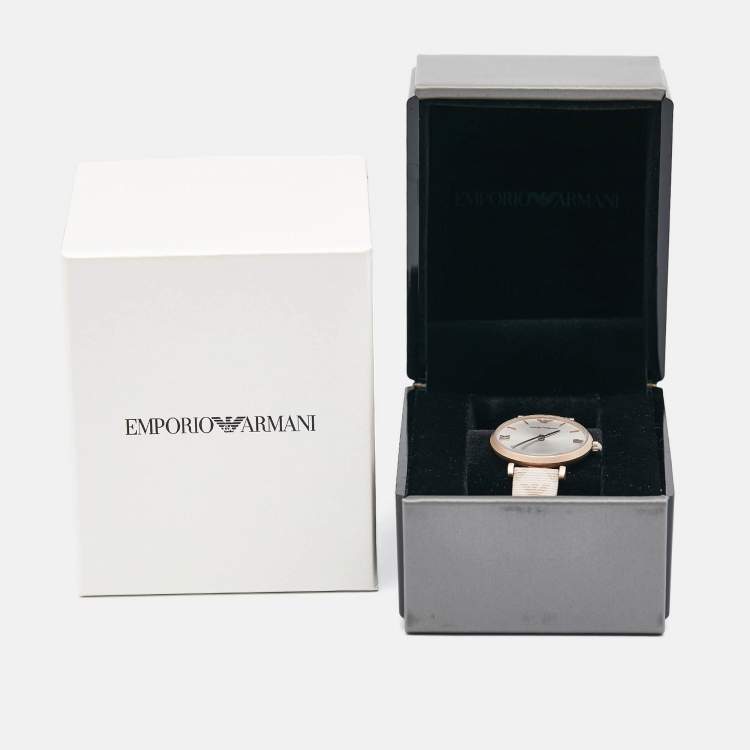 Pre Owned Emporio Armani Silver Rose Gold Plated Stainless Steel Leather AR-11126 Women's Wristwatch 32 mm