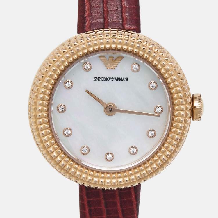 Pre Owned Emporio Armani Mother Of Pearl Gold Plated Stainless Steel Leather AR11417 Women's Wristwatch 26 mm
