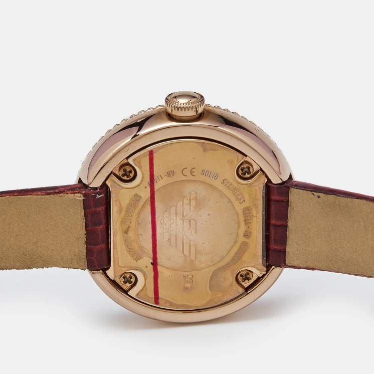 Pre Owned Emporio Armani Mother Of Pearl Gold Plated Stainless Steel Leather AR11417 Women's Wristwatch 26 mm