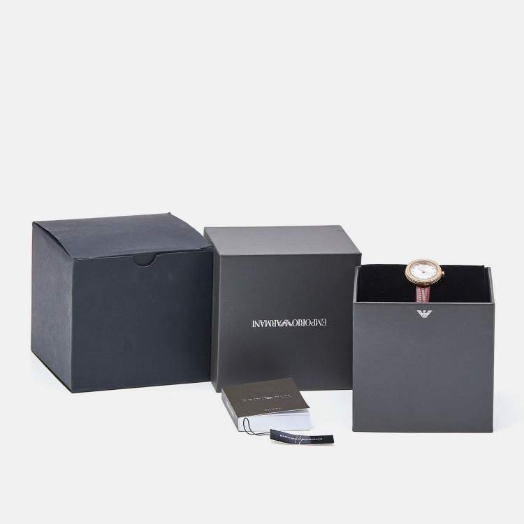 Pre Owned Emporio Armani Mother Of Pearl Gold Plated Stainless Steel Leather AR11417 Women's Wristwatch 26 mm