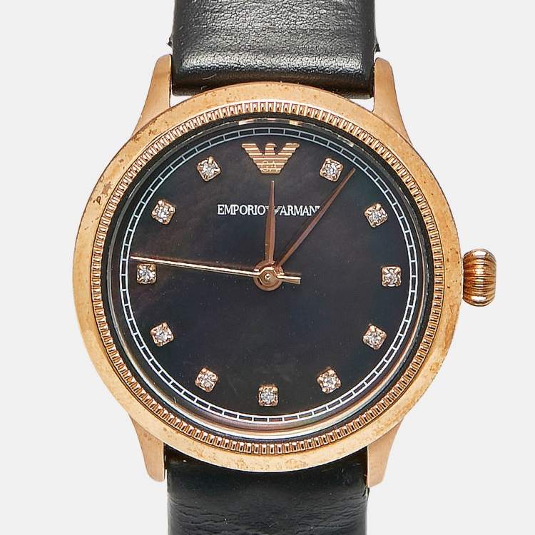 Pre Owned Emporio Armani Black Mother Of Pearl Rose Gold Tone Stainless Steel Leather Classic AR1802 Women's Wristwatch 27 mm