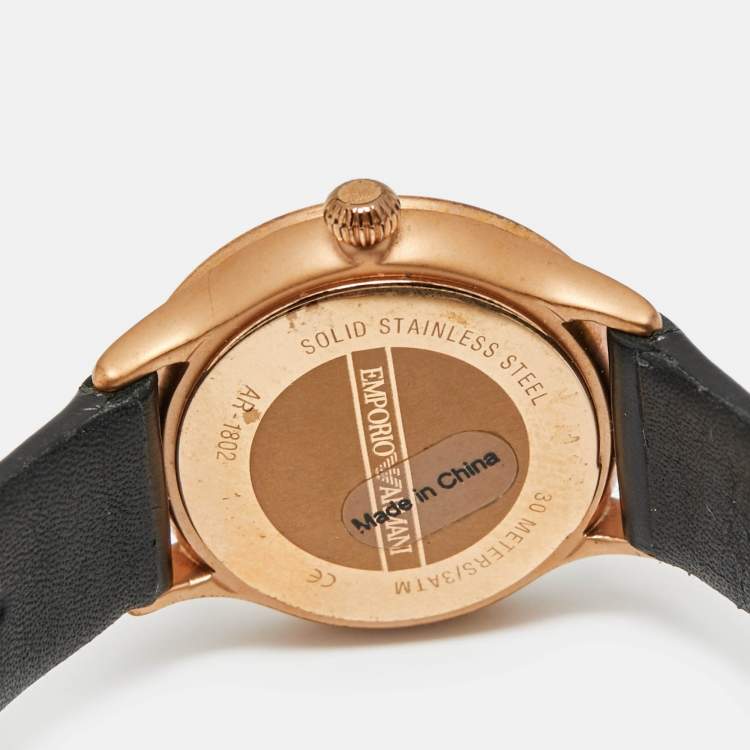 Pre Owned Emporio Armani Black Mother Of Pearl Rose Gold Tone Stainless Steel Leather Classic AR1802 Women's Wristwatch 27 mm