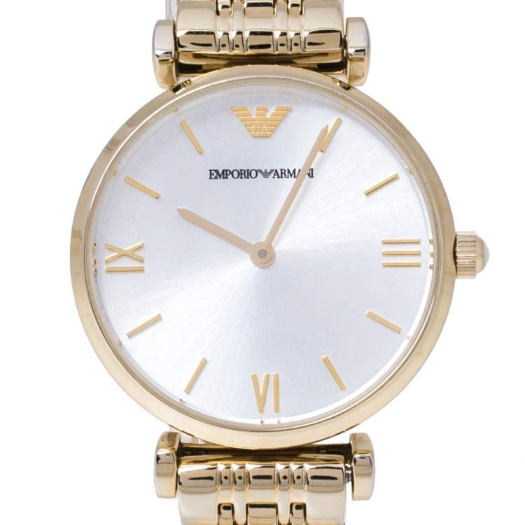 Pre Owned Emporio Armani Silver Yellow Gold Tone Stainless Steel Classic AR1877 Women's Wristwatch 32 mm