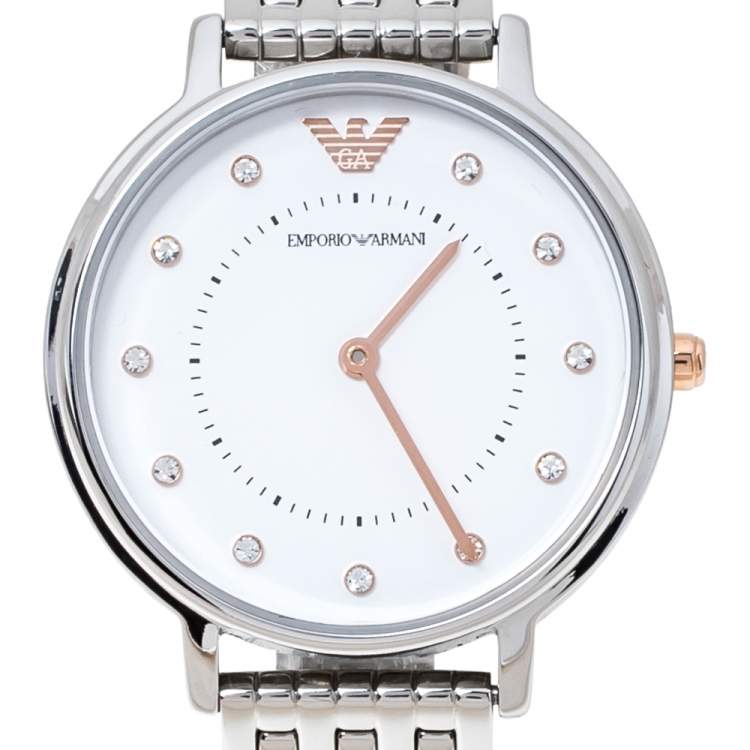 Pre Owned Emporio Armani White Stainless Steel Two-Hand AR80023 Wristwatch 32 mm Set With Earrings And Bracelet