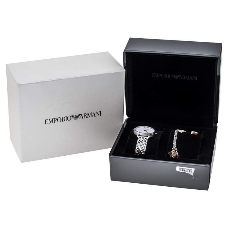 Pre Owned Emporio Armani White Stainless Steel Two-Hand AR80023 Wristwatch 32 mm Set With Earrings And Bracelet