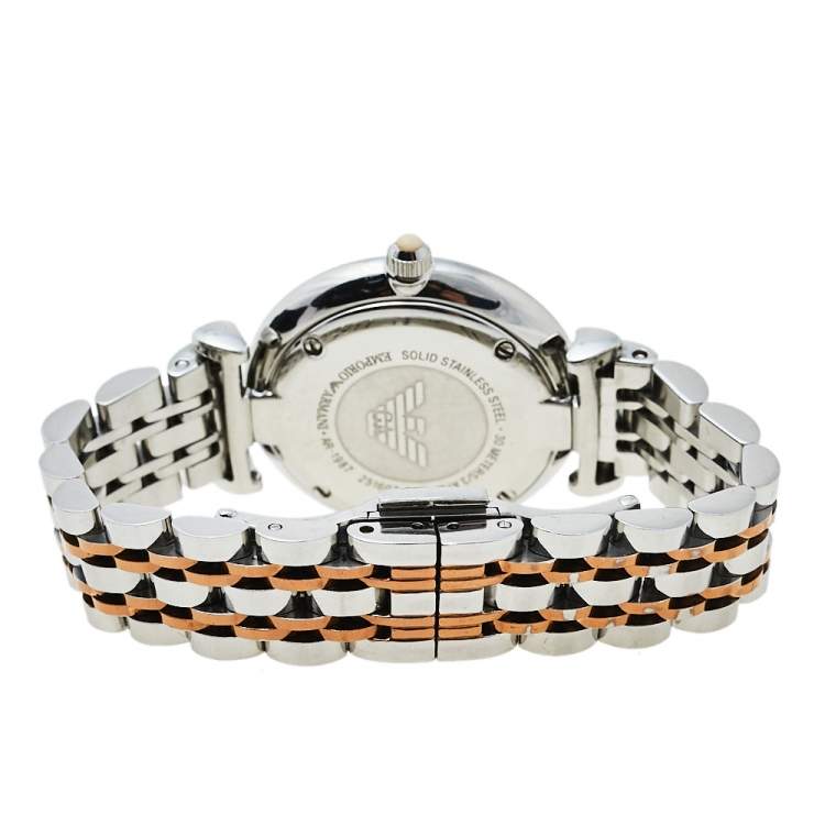 Pre Owned Emporio Armani Mother Of Pearl Two-Tone Stainless Steel Retro AR1987 Women's Wristwatch 32 mm