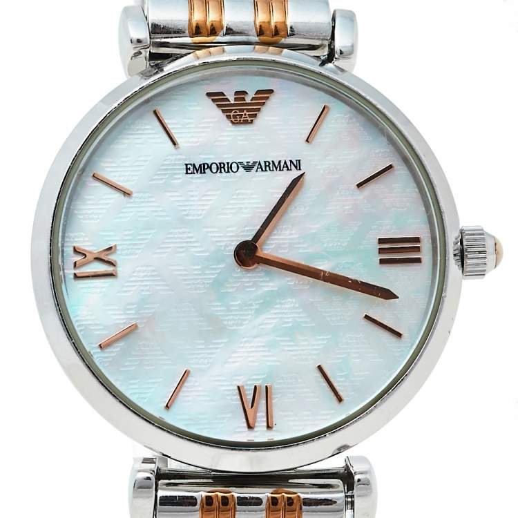 Pre Owned Emporio Armani Mother Of Pearl Two-Tone Stainless Steel Retro AR1987 Women's Wristwatch 32 mm