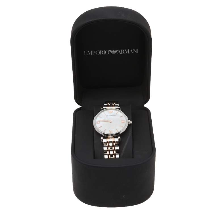 Pre Owned Emporio Armani Mother Of Pearl Two-Tone Stainless Steel Retro AR1987 Women's Wristwatch 32 mm