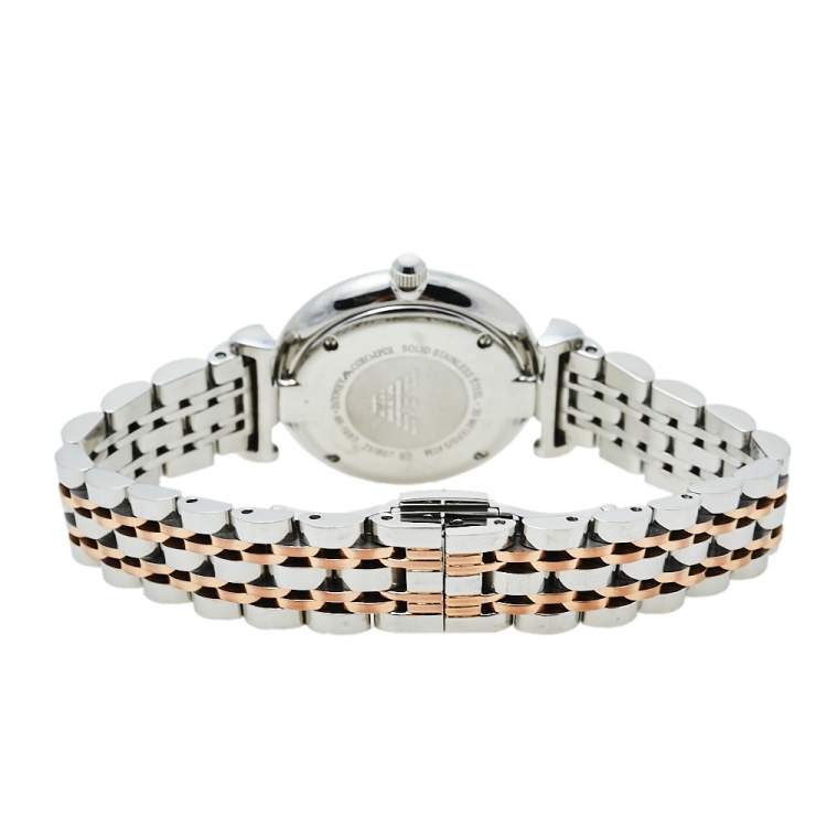 Pre Owned Emporio Armani Mother Of Pearl Two-Tone Stainless Steel Retro AR1987 Women's Wristwatch 32 mm