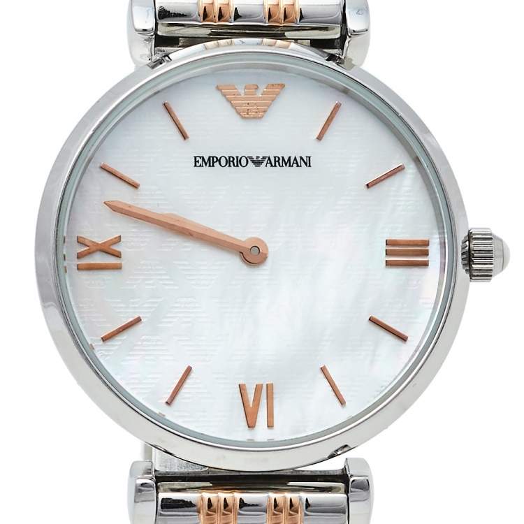 Pre Owned Emporio Armani Mother Of Pearl Two-Tone Stainless Steel Retro AR1987 Women's Wristwatch 32 mm
