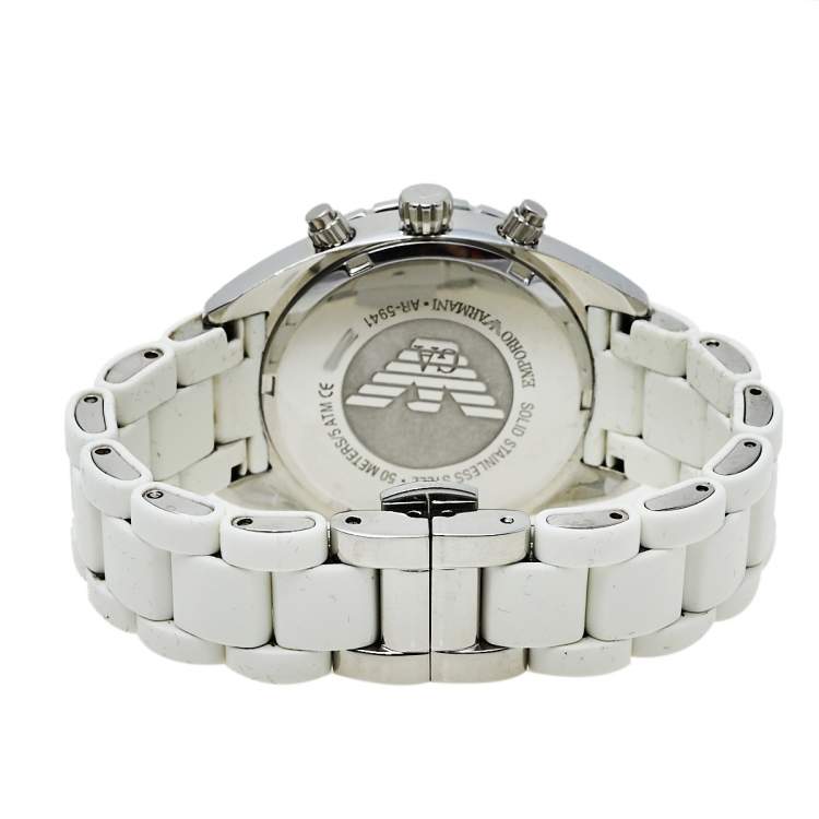 Pre Owned Emporio Armani White Stainless Steel Rubber Sportivo AR5941 Women's Wristwatch 35 mm