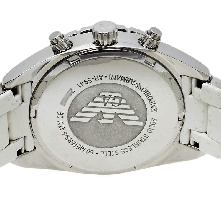 Pre Owned Emporio Armani White Stainless Steel Rubber Sportivo AR5941 Women's Wristwatch 35 mm