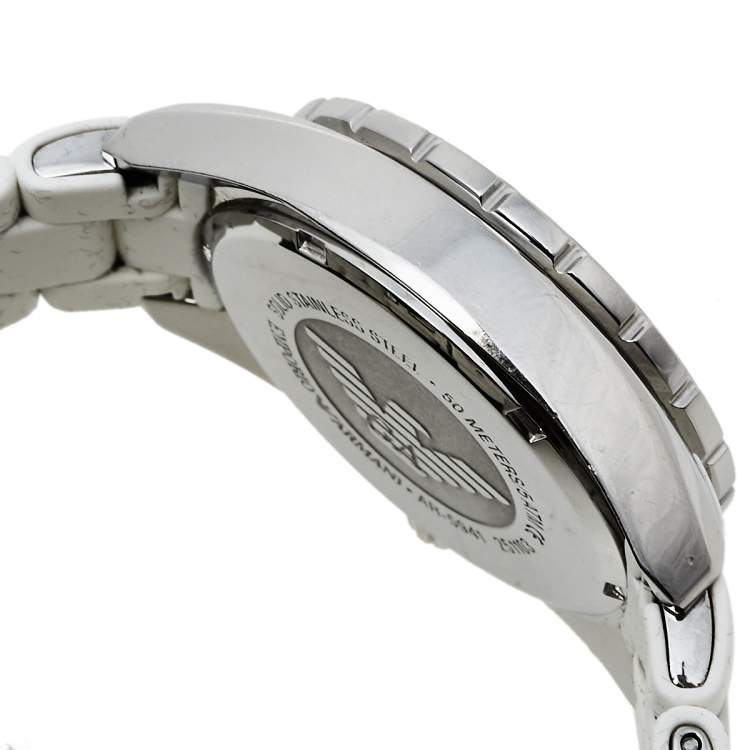 Pre Owned Emporio Armani White Stainless Steel Rubber Sportivo AR5941 Women's Wristwatch 35 mm