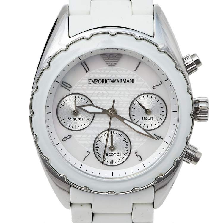 Pre Owned Emporio Armani White Stainless Steel Rubber Sportivo AR5941 Women's Wristwatch 35 mm