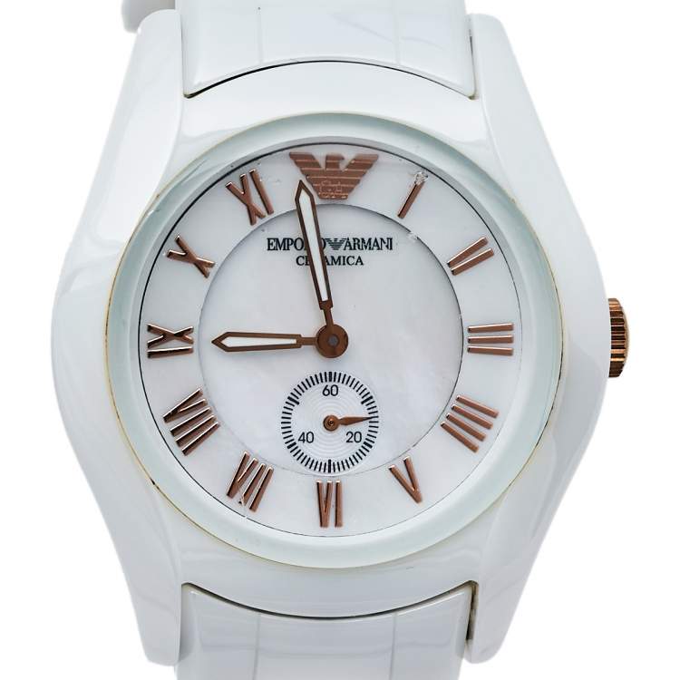 مملوكة مسبقًا Emporio Armani Mother Of Pearl Ceramic Classic AR1418 Women's Wristwatch 35 mm