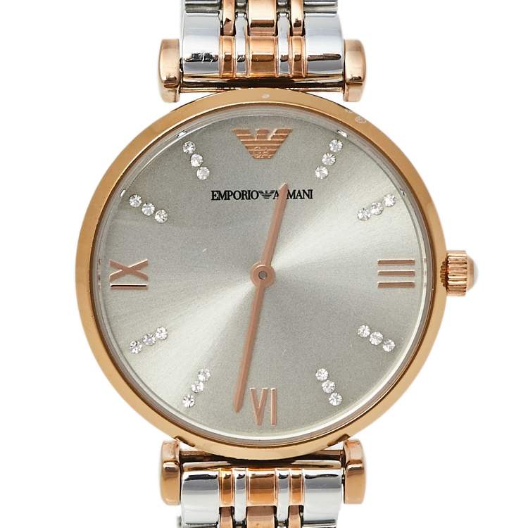 Pre Owned Emporio Armani Grey Two-Tone Stainless Steel AR1840 Women's Wristwatch 32 mm