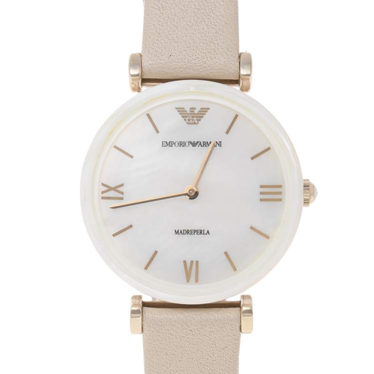 Pre Owned Emporio Armani Mother of Pearl Ceramic TBar AR11041 Women's Wristwatch 32 mm