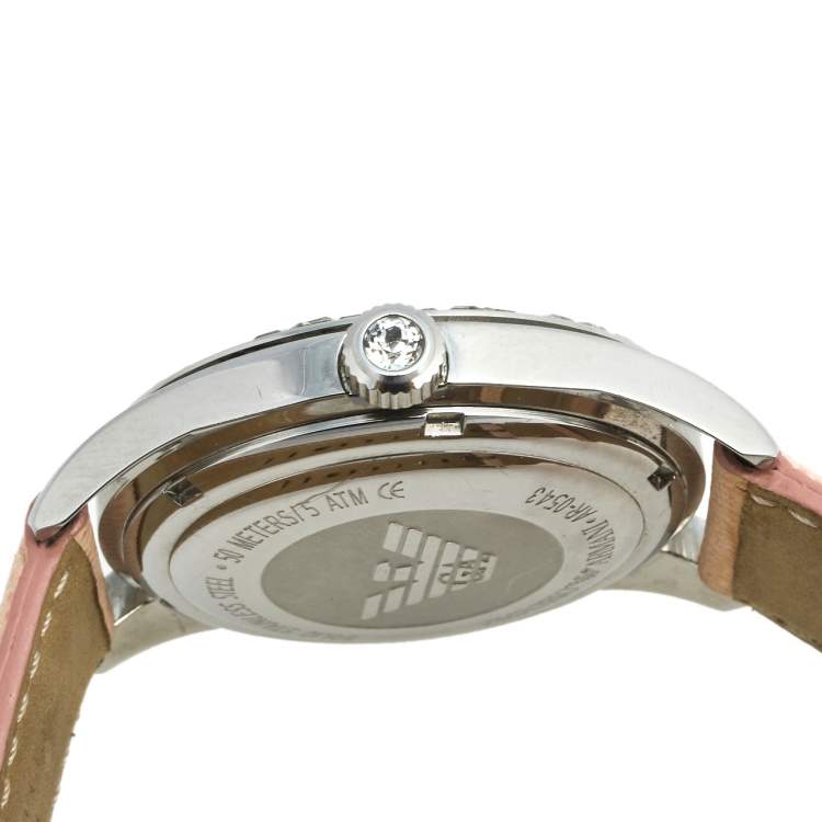 Pre Owned Emporio Armani Mother of Pearl Stainless Steel Leather AR-0543 Women's Wristwatch 38 mm