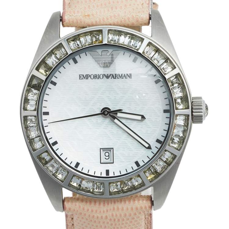 Pre Owned Emporio Armani Mother of Pearl Stainless Steel Leather AR-0543 Women's Wristwatch 38 mm